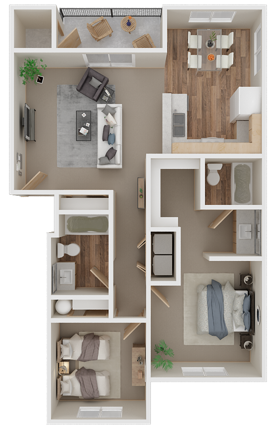 Floor plan for 2 beds, 2 baths, 986 sqft